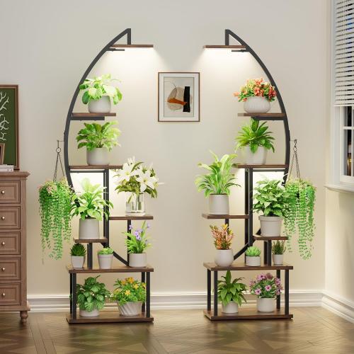 BACEKOLL Plant Stand with Grow Lights 2 Pack Tall Indoor Plant Shelf 64 | 7-Tier 2 Pack 64 Plant Stands, Grow Lights Dual-Head, 14 Potted Stands   2 Hangers, Half-Moon, Iron Frame, for Patio, Black