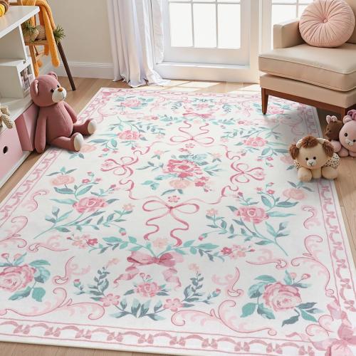 Collive Pink Floral Rugs for Bedroom Girls, 5x7 Bow Nursery Rug for Dorm Washable Area Rug for Living Room, Cute Ultra-Thin Non Slip Indoor Decor Carpet for Kids Room Playroom (Pink 5' x 7')