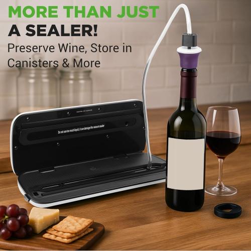 NutriChef Food Vacuum Sealer Machine - Automatic Air Sealing System for Dry & Moist Foods, LED Touch Controls, Includes Vacuum Bags, Hose & Wine Stopper, High Suction Power, 14x6x3, Silver