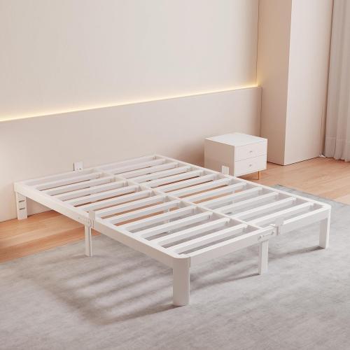 KZZLOL White Bed Frame Queen Size 10 Inch, Low Queen Bed Frame No Box Spring Needed with Mattress Stoppers, DIY Headboard, Heavy Duty Steel Support 3000 LBS, Rounded Legs, Easy Assembly, Noiseless