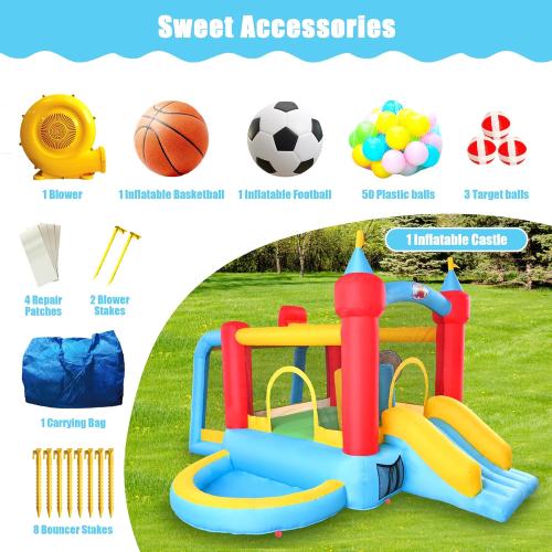 Inflatable Bounce House with Slide, Jumping Castle with Blower and Wave Pool, Basketball Rim, Football Goal