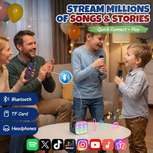 Mini Karaoke Machine with 2 Wireless Microphones for Kids Adults, Portable Bluetooth Speaker, 2026 Top Birthday Gift for Boys Girls 3, 4, 5, 6, 7, 8, 9, 10, 12  Years Old Grandkids Present (Black)