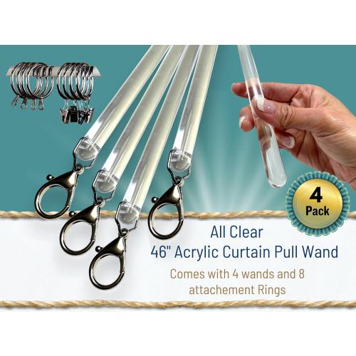46 inch (4 Pack) All Clear Acrylic Curtain Pull Wand - 2 inches shy of 48 inch - Clear Curtain Wand - Invisible Drapery Wand - Drapery Pull Rod (46 Inch)
