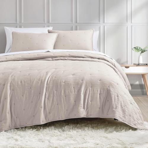 Embroidery Quilt   Quilt Set Pre-Washed Microfiber Ultra Soft Lightweight Star Embroidery Bedspread Coverlet Beige