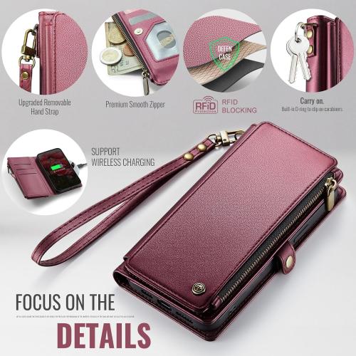 Defencase Compatible with Moto G Stylus 5G 2024 Case, RFID Blocking Wallet Case Compatible for Motorola Moto G Stylus 5G 2024 PU Leather Flip Strap Zipper Card Holder Phone Case for Women, Wine Red