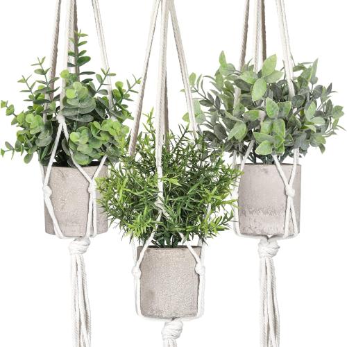 Artificial Plants 3 Pack Mini Fake Plants Fake Hanging Plants Artificial Decor with 3 Macrame Plant Hangers Decorative Plants Faux Hanging Plants Greenery Decor for Wall Kitchen Bathroom Home Office