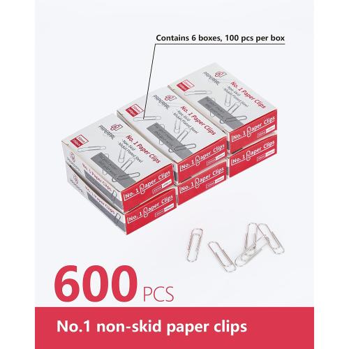 PAPERPAL Paperclips for Office School & Personal Use, #1 Nonskid Paper Clip (1-2/7), 600 Medium Paper Clips (6 Boxes of 100 Each), Silver