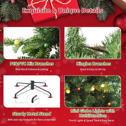 Prelit Christmas Tree 6ft, Artificial Christmas Tree with Lights, 210 Multicolor Lights and Foldable Metal Stand, ETL,PE & PVC Mixed Layered Aspen Fir Green Xmas Tree for Holiday Home Decororation