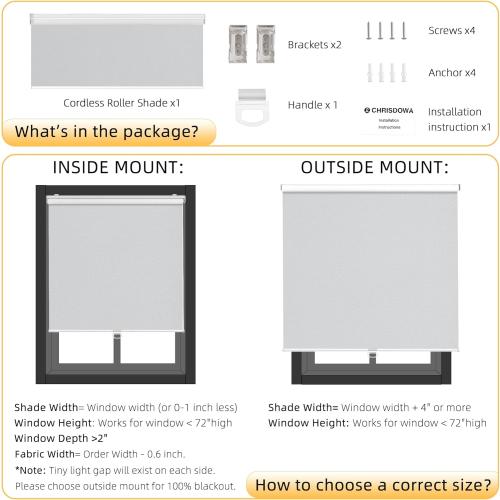 ChrisDowa Cordless Blackout Roller Shades for Windows, Thermal Insulated UV Protection Pull Down Shades, Total Blackout Window Blinds for Home, Office, Bedroom, Door (47 W x 72 H, Grey)