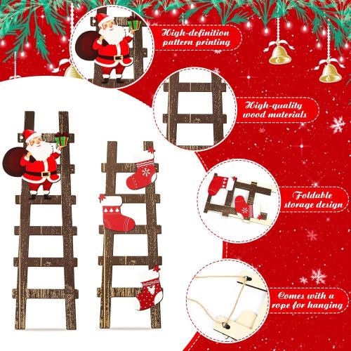 Novabright 3 Pcs Climbing Santa Ladder Wooden Ladder Decor Indoor Christmas Wall Decor for Christmas Interior Party Decoration, Home Decoration 31 in, 27 in, 22.5 in