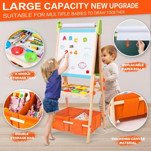 Kids Easel Including 100  Accessories, Rundad Double Sided Wooden Easel for Kids Age 3-8 with Magnetic Chalkboard & Painting Board, Free Height Adjustable Art Easel Supplies for Toddlers