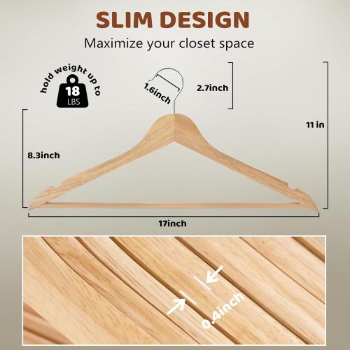 Wooden Hangers 20 Pack, Durable Wood Hangers with 360° Swivel Hook & Notches, Slim Coat Hanger Wooden for Closet, Natural