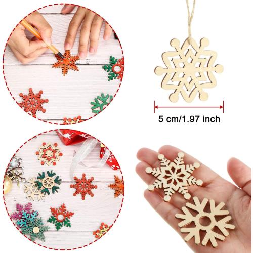 100 Pcs Christmas Unfinished Wooden Snowflake Ornaments Snowflake Hanging Cutouts Blank Wood Slices with Cord Craft Embellishments for Xmas Tree Decorations