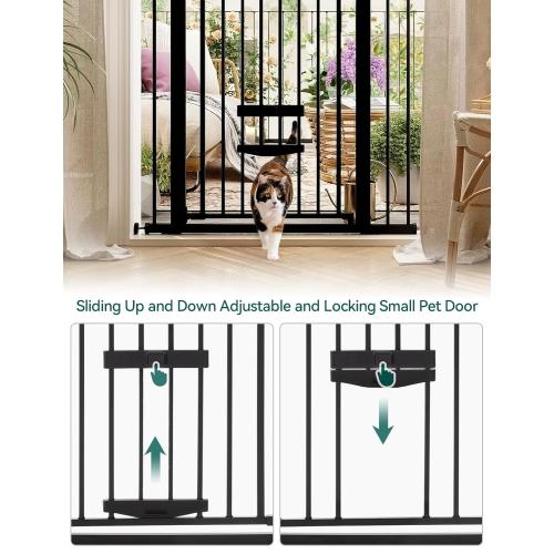 BABELIO 36 Inch Extra Tall Baby Gate with Cat Door, 29-48 Auto Close Pet Door for Stairs, Doorways and House, with Wall Cups, Black