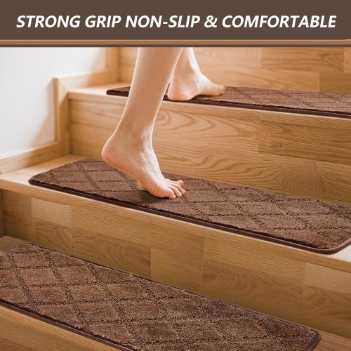 9.5x36 Stair Treads for Wooden Steps Indoor, 15 Pcs Non Slip Peel and Stick Carpet Stair Treads, Washable & Reusable Self Adhesive Stair Runner Rug for Kids Elders Pets - Brown