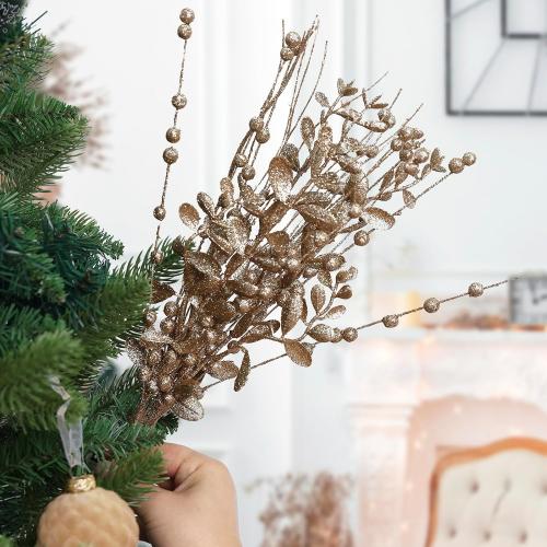 24-Pack Christmas Tree Picks Ornaments, Artificial Glitter Berry Stem Glittery Twigs Ornaments for Christmas Tree Decorations, Small Vase, Holiday, Wedding, Party Decorations (Champagne)