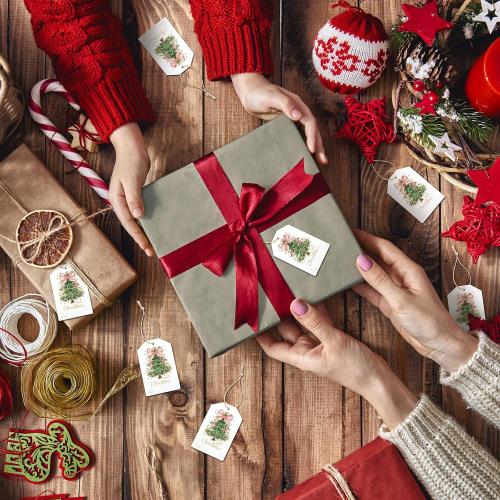 Teling 50 Pcs Christmas Gift Tags with String Pink Bow Merry Christmas Paper Gift Tags Xmas Hanging Label for Happy Holiday for Presents, Modern Paper Xmas Label(Pink Bow)