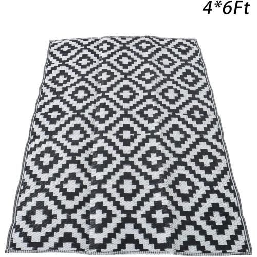 Outdoor Rug Black White Coloured Outdoor Camping Rug, Woven Tape Edging on Both Ends Complete with Accessories and Storage Bag Picnic Outdoor Rug