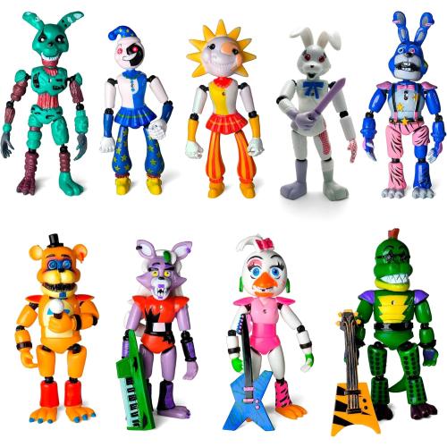 Toysvill 9 PCS Inspired by Five Night Toys, Security Breach Action Figures [Springtrap, Bonnie, Roxanne Wolf, Glamrock Chica, Montgomery Gator, Glamrock Fred, Vanny, Sundrop, Moondrop]