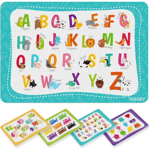 NiBaby Kids' Non Slip Educational Placemats Set of 4 Washable, Children's Interactive Placemats Foldable, Toddler Placemats for Learning Alphabet, Numbers, Shapes, Colors- Durable Reusable PU Leather