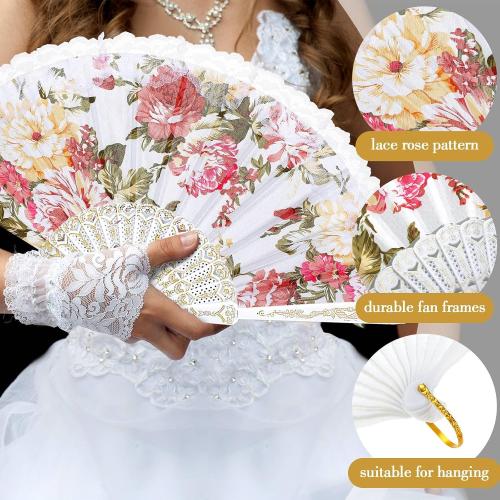 Geelin 50 Pcs Hand Lace Foldable Fans Bulk for Women with Organza Bag Lace Folded Hand European Retro Fan Bridal Dancing Prop Wedding Party Favors for Dancing Tea Party(Colored Rose,White)