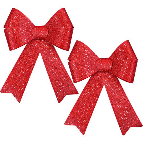 Aneco 2 Pack 12 x 18 Inches Red Christmas Bows Christmas Wreaths Bows Xmas Plastic Bows for Christmas Tree, Garland and Outdoor Decoration