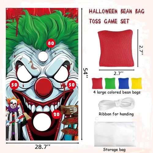 Halloween Carnival Party Games, Clown Toss Games Banner with 4 Bean Bags Set for Indoor Outdoor Toss Across Game for Boys Girls Birthday Party Supplies Decoration Hanging Banner Throwing Game