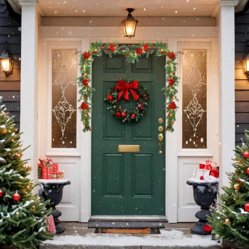 Adjustable Over-The-Door Garland Hanger, Heavy Duty Wreath Hanger for Front Door, No Nails or Screws Damage-Free, Fits Standard Door Frame Depths 34-42 Inch, Black