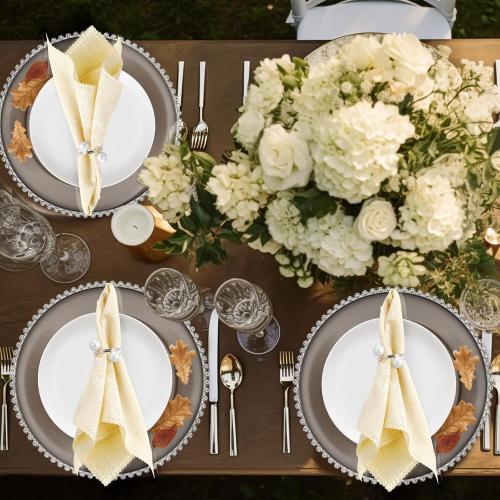 Tioncy 12 Set Clear Charger Plates Bulk Beaded Plastic Charger Plates 13 Inch, Napkin Rings, Acrylic Round Dinner Table Decorative Plate for Wedding Party Event (Clear and Silver)