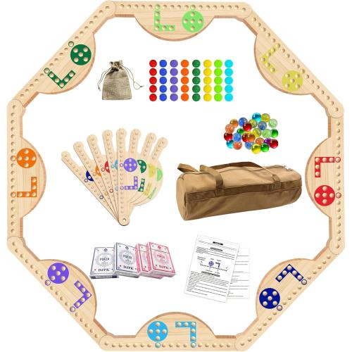 Wooden Jokers and Marbles Board Game，Pegs and Jokers for 2-8 Players 8 Solid Wood Game Boards 4 Decks of Cards 80 Marbles(Two Sets) for Family and Friends Gathering