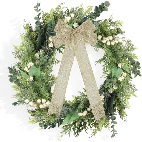 24-Inch Spring Greenery Wreath – Faux Pine & Eucalyptus Mixed Botanical Wreath with White Meadow Berries & Natural Burlap Bow – Modern Farmhouse Front Door Decor for Year-Round Use