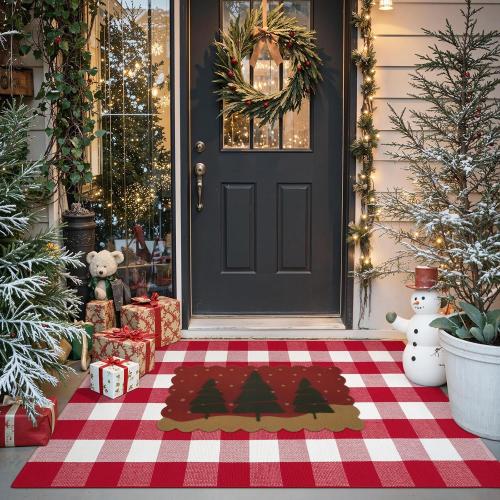 OJIA 2PCS Christmas Rug Door Mat Combo Set, Imitation Coir Doormat   3'x5' Red and White Plaid Rug Xmas Washable Outdoor Area Rugs Layered Door Mats Floor Carpet for Porch Patio Decor Outside Entry
