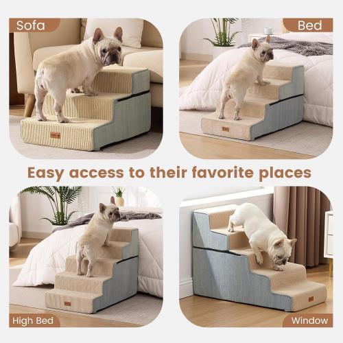 Gardner Pet Dog Stairs for Small Dogs 4- Step Extra Wide Dog Stairs for High Bed, Pet Steps for Small Dogs and Cats Couch with Durable Non-Slip Waterproof Fabric Cover and Soft Foam, Beige