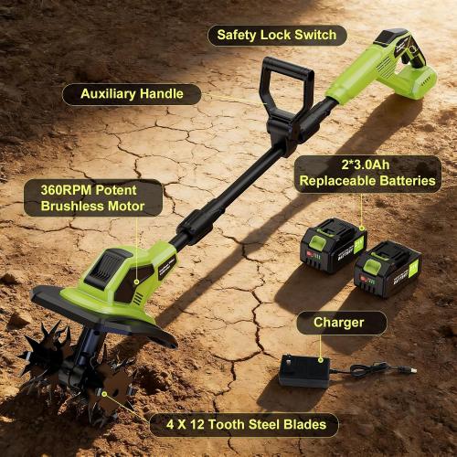 21V Cordlees Tiller Cultivator for Gardening, 400RPM Electric Garden Tiller, Brushless Rototiller with 2 * 3.0Ah Battery, 9.5 Width 7 Depth, for Yard、Lawn、Soil Tiller (Green)