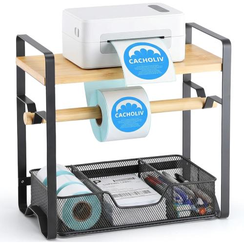 Label Holder for Thermal Printer - Sticker Roll Dispenser with Drawer - Shipping Lable Holder for Rolls and FanFold Labels - Thermal Printer Stand for Home, Office, Small Business (Bamboo-Black)