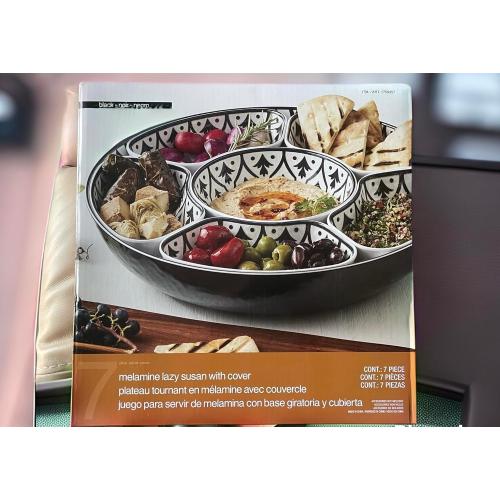 Lazy Susan Large 7 piece Serveware Set with Lid for Dining and Party - Condiment Salad Chips Nachos Pita or Taco Preperation Set - Cheese Platter (1, Black 7- piece Serving Set)