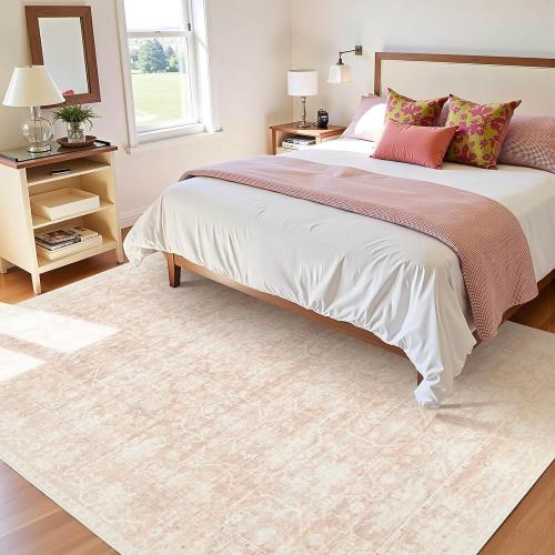 8x10 Area Rugs for Living Room: Large Soft Washable Rug Modern Aesthetic Floral Carpet Low Pile Non-Slip Stain Resistant for Bedroom Dining Table or Home Office Home Decor - Beige Pink