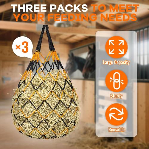 3 Pcs Hay Bags for Horses, Hay Nets for Horses Goat Sheep,Goat Hay Feeder for Slower Feeding,Strong Load-Bearing Hay Bag Hanging for Horse Stable Trailer (Black and Yellow)