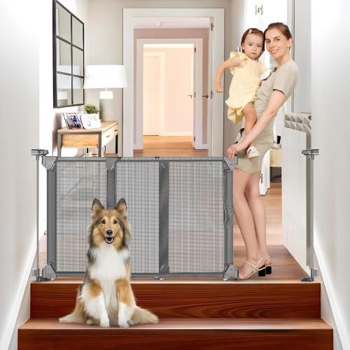 Size 32-55 Color Grey No Screw Adjustable Dog Gates for Doorways Fully Open Sliding 32-55 Wide No Drilling Mesh Pet Gate Indoor Expandable Baby Gate 28 Inch Tall Step Over Baby Gate for Dog Indoor Swing Child Gate (Gray)