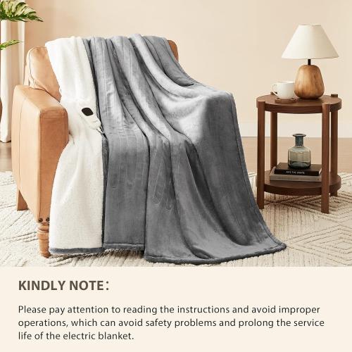 Homemate Heated Blanket Electric Throw - 50x60 Heating Blanket Throw 1/2/4/6/8 Hours Auto-Off 10 Heat Level Over-Heat Protection Flannel Sherpa ETL Certification