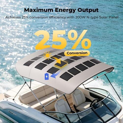 BougeRV 200W Solar Bimini Top for Boats 3-4 Bow 24V 600D Canopy | Marine solar panels bimini tops for boats,24V 25% efficient flexible panel with waterproof canopy and rear support poles