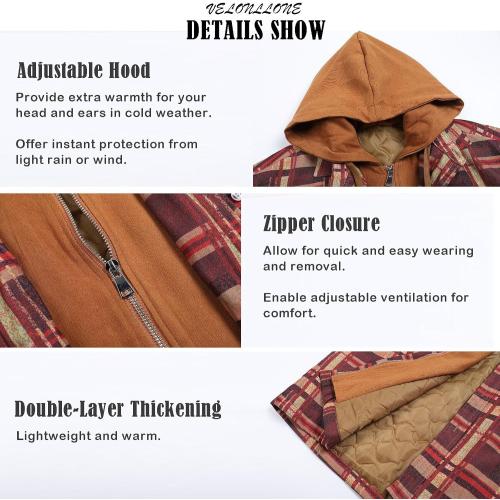 VELONLLONE Flannel Jackets Men Classic Plaid Shacket Oversized Quilted Puffer Jacket Full Zip Hoodie Coat Winter Warm Outwear 2XL