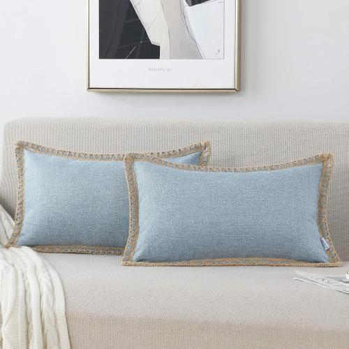 NordECO HOME Set of 2 Farmhouse Throw Pillow Covers - Burlap Linen Trimmed Tailored Edges Decorative Cushion Covers for Bed Home Decoration, 12 x 20, Blue