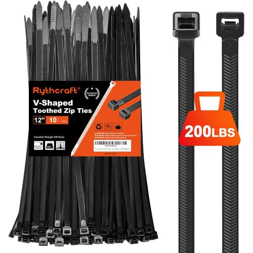 Zip Ties Heavy Duty 12 inch，V-Shaped Toothed Double Sided With 200 LBS Tensile Strength Cable Ties ，Extra Large Wire Ties Adjustable Nylon Tie Wraps for Indoor Outdoor Patented Design（80 Pack Black）