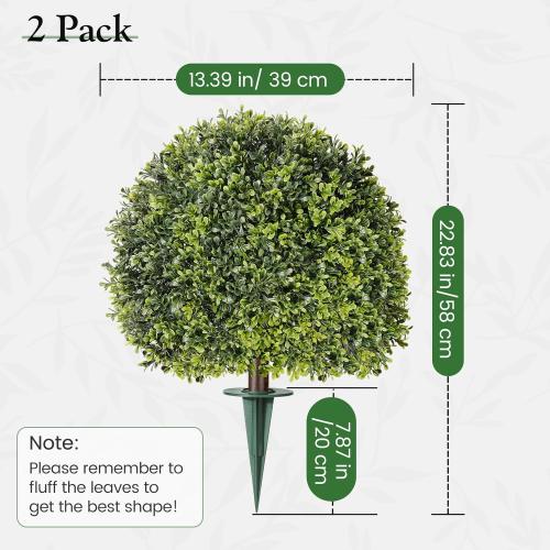 Lewondr Artificial Boxwood Topiary Ball Trees, 22.83'' Fake Plants Outdoor with Ground Spike, Set of 2 UV and Fade Resistant Faux Greenery Shrubs for Outdoor Indoor Front Porch Garden, Green