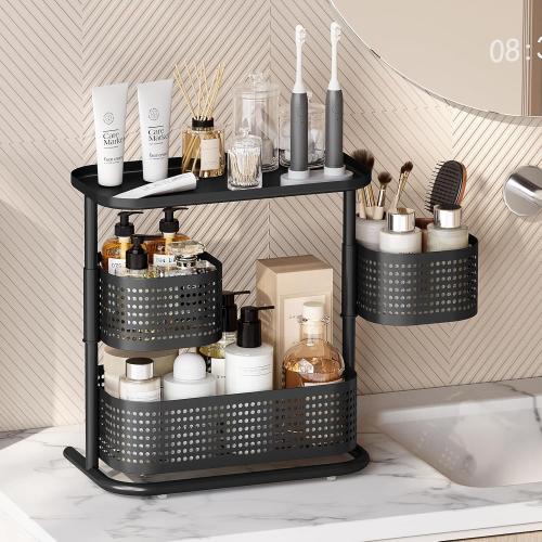 KINGRACK Bathroom Counter Organizer, 3 Tier Rotating Vanity Bedroom Storage cabinet, Cosmetic Holder Standing Shelf, Bathroom Tray for Countertop Storage, Kitchen Spice Rack, Black