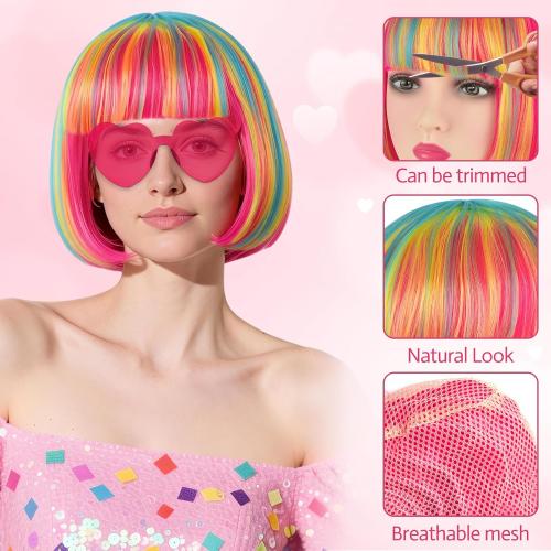 PLULON Pink Blue Yellow Bob Wig with Heart Sunglasses Hair Cap, Colorful Short Bob Wigs Synthetic Party Wigs Funny Cosplay Hairpieces for Women Daily Bachelorette Halloween Costume Party Decorations