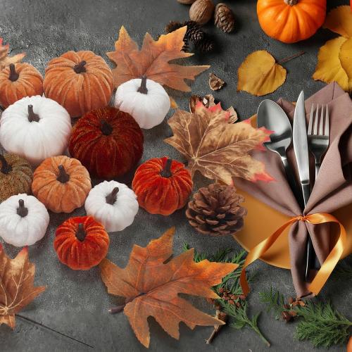 21 PCS Fall Artificial Velvet Pumpkins Set, Fake Fabric Pumpkin Faux Foam Pumpkins, Orange Khaki White Pumpkin Decorations for Fall Harvest Thanksgiving Farmhouse Table Centerpiece