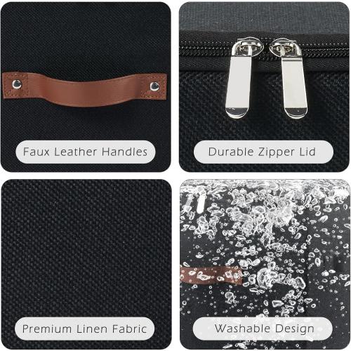 Storage Bins with Zipper Lid Cotton Linen Fabric Lidded Storage Baskets Boxes Foldable Washable Closet Shelf Clothes Organizer Container with PU Leather Handles (Black, Small Size)