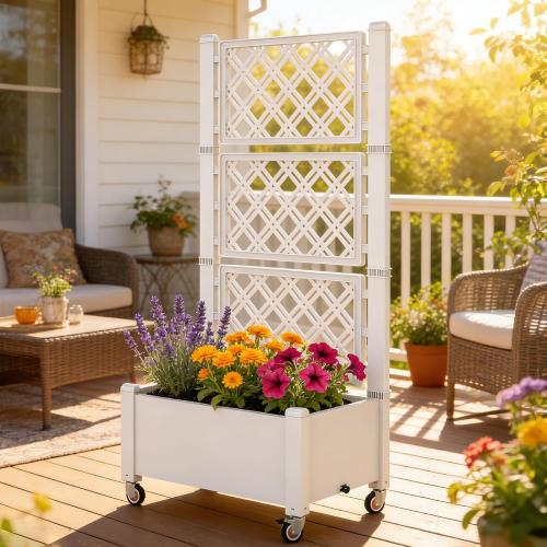 Miory 60 Raised Garden Bed with Trellis & Wheels, Vertical Gardening Planter Box with Water Level Indicator and Drainage System for Garden Outdoor Patio Balcony